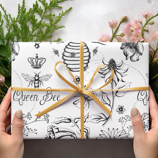 Black Queen Bee and Flowers Drawing Wrapping Paper (Black & White Queen Bee, crown, typography, bee hive and flowers with whimsical bee flight swirls!)