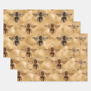 Black Queen Bees on Gold Wrapping Paper Sheets