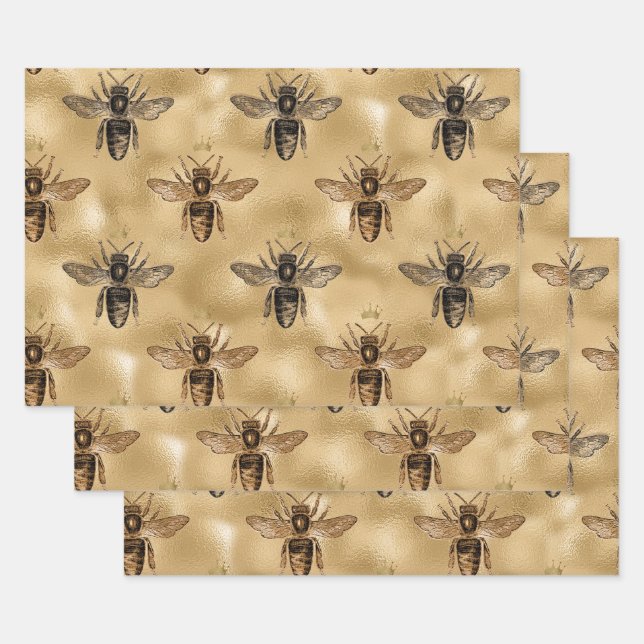 Black Queen Bees on Gold Wrapping Paper Sheets (Set)