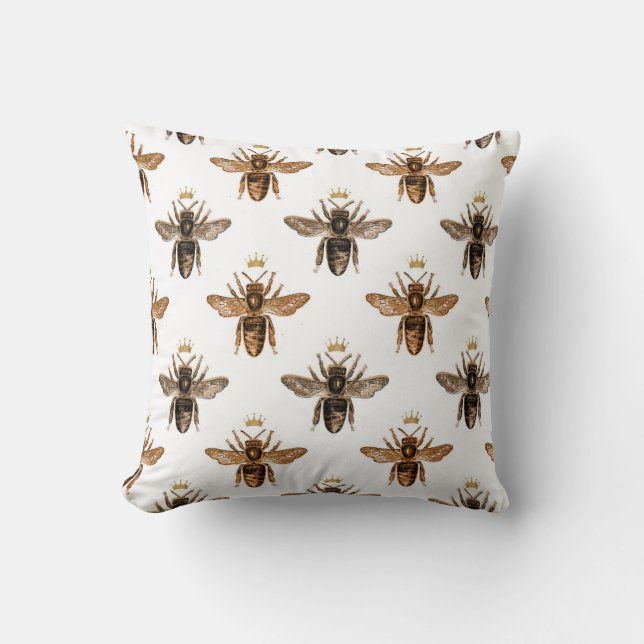 Black Queen Bees on White Throw Pillow (Front)