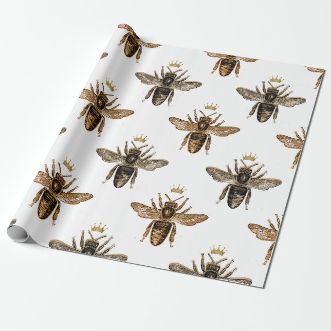 Black Queen Bees on White Wrapping Paper (Unrolled)