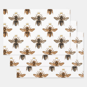 Black Queen Bees on White Wrapping Paper Sheets