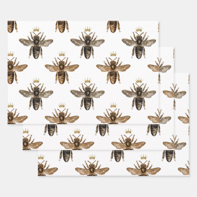 Black Queen Bees on White Wrapping Paper Sheets (Set)