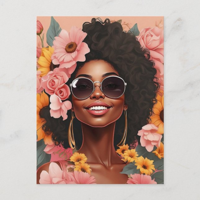 Black queen floral afro melanin woman flower love  holiday postcard (Front)