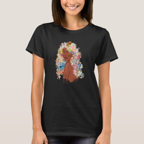 Black Queen Lady Hair Flowers Afro African America T_Shirt
