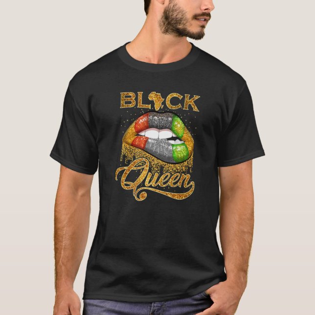 Black Queen Lips Glitter & Gold Red Green Pan Afri T-Shirt (Front)