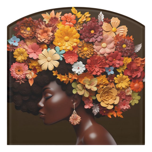Black Queen Melanin Women 3D Floral Flower Afro  Door Sign (Contour Front)