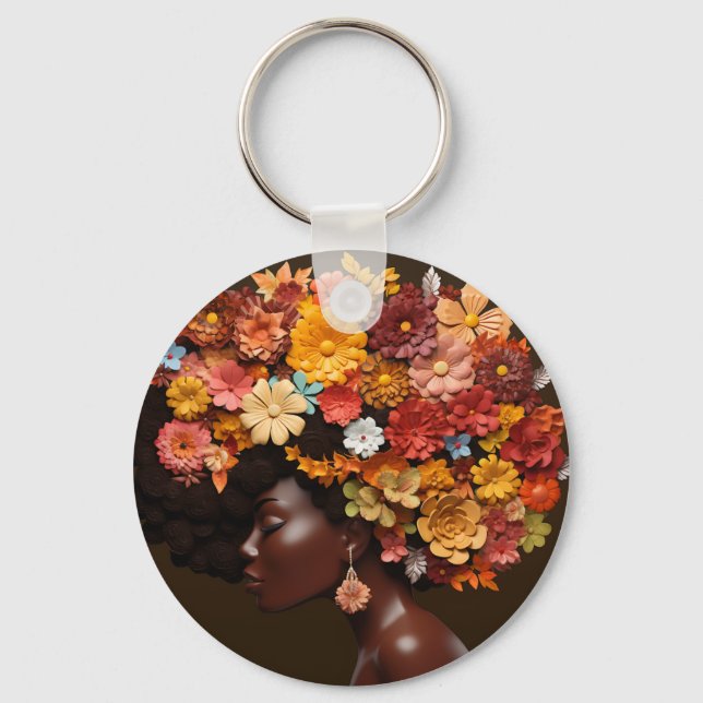 Black Queen Melanin Women 3D Floral Flower Afro  Keychain (Front)