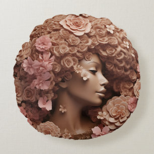 Black Queen Melanin Women 3D Floral Flower Afro Round Pillow