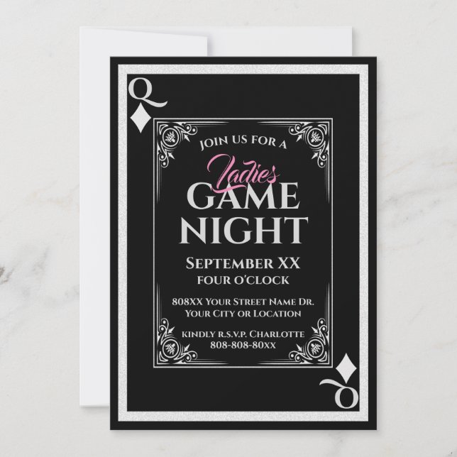 Black Queen of Diamonds Ladies Game Night Invitation (Front)