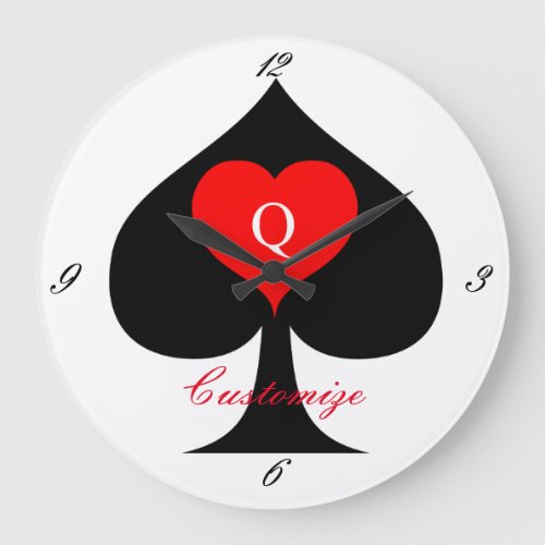 Black Queen of Spades Red Heart Thunder_Cove Large Clock
