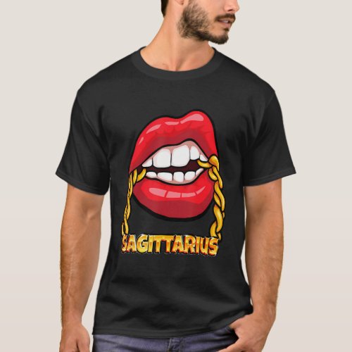 Black Queen Red Lips Chain Sagittarius Zodiac Sign T_Shirt