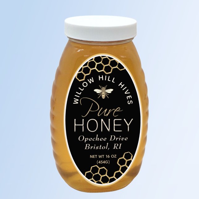 Black Queenline honey label with bee and honeycomb (Creator Uploaded)