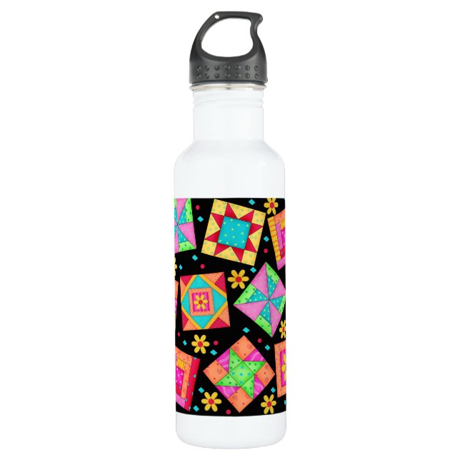 Black Quilt Block Art Stainless Steel Water Bottle (Front)