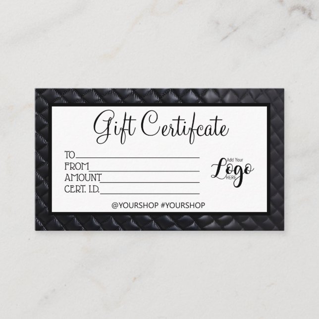 Black quilted Business gift certificate marketing (Front)