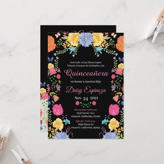Black Quinceañera Invitation multi color, flowers (Front/Back In Situ)