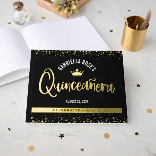 Black Quinceaera Crown Script Bold Real Gold Foil Foil Guest Book