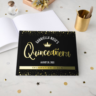 Black Quinceañera Crown Script Bold Real Gold Foil Guest Book