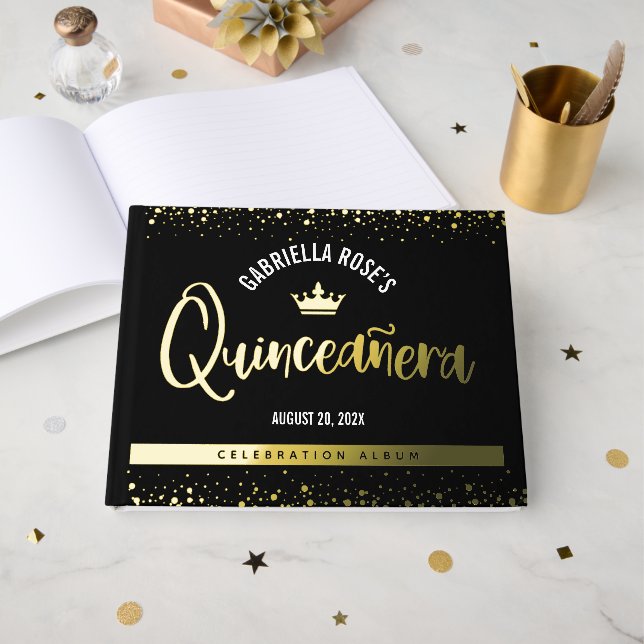 Black Quinceañera Crown Script Bold Real Gold Foil Guest Book (Front Open)