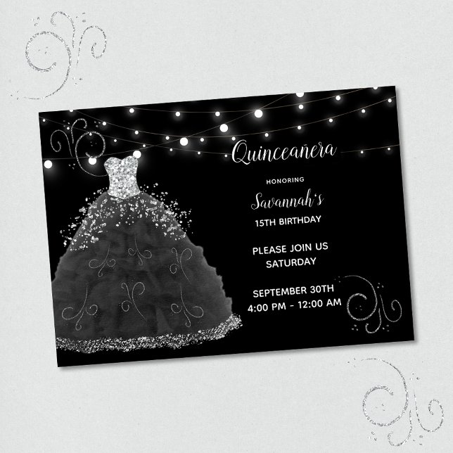 Black Quinceanera Evening Gown String Lights Invitation (Creator Uploaded)