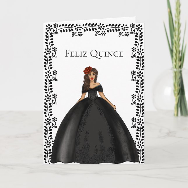 Black Quinceañera Fashion Illustration Birthday Card (Front)