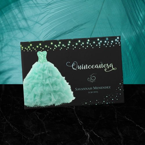 Black Quinceanera Mint Green Gown Lights Photo Guest Book