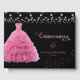 Black Quinceanera Pink Gown Lights Photo Guest Book