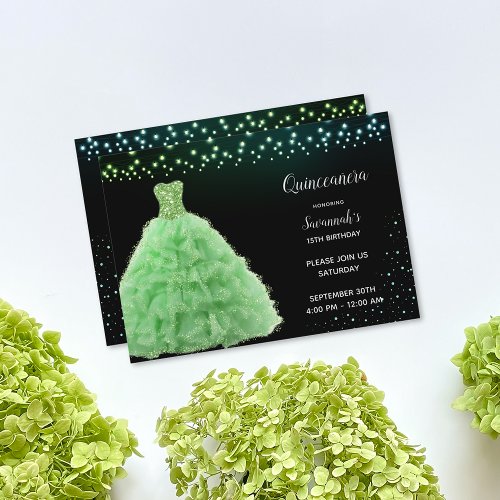 Black Quinceanera Princess Lime Green Gown Lights Invitation