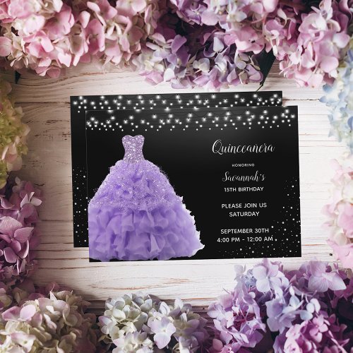 Black Quinceanera Princess Lt Purple Gown Lights Invitation