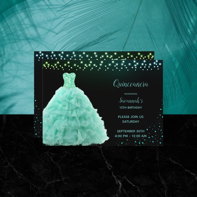 Black Quinceanera Princess Mint Green Gown Lights Invitation (Creator Uploaded)