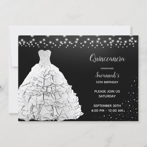 Black Quinceanera Princess White Gown Lights Invitation