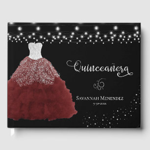 Black Quinceanera Red Gown Silver Lights Photo Guest Book