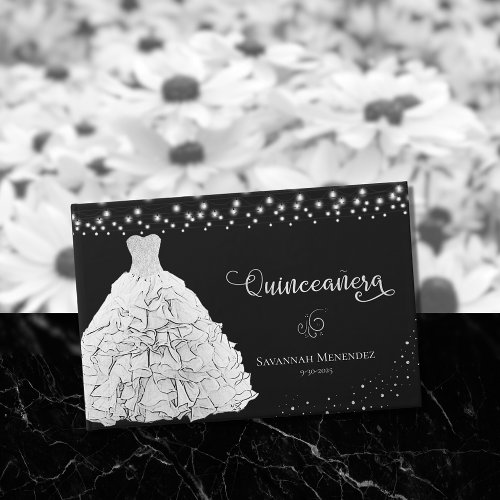 Black Quinceanera White Gown Lights Photo Guest Book