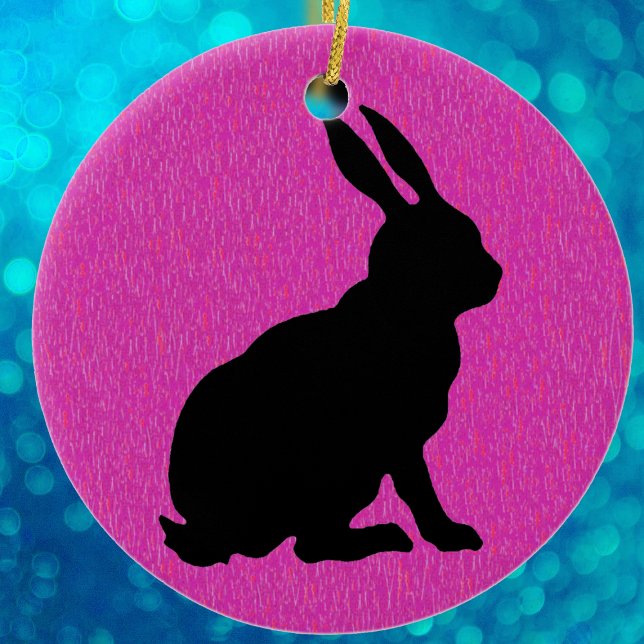 Black Rabbit Silhouette on Pink Ceramic Ornament (Sitting rabbit in black silhouette on vibrant pink Easter hanging ornament.)