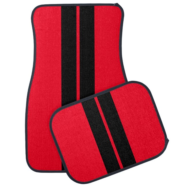 Black Race Stripes | Red Car Mat (Set)