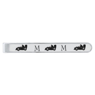 Black Racing Car Design Monogrammed Silver Finish Tie Bar