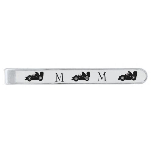 Black Racing Car Design Monogrammed Silver Finish Tie Bar