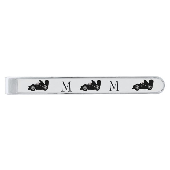Black Racing Car Design Monogrammed Silver Finish Tie Bar (Front)