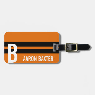 Black Racing Stripes on Orange  Monogrammed Custom Luggage Tag