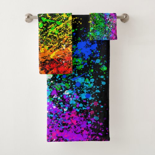 Black Rainbow Color Paint Splatter Colorful Bath Towel Set