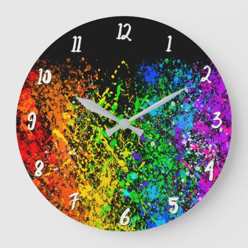 Black Rainbow Color Paint Splatter Colorful Large Clock