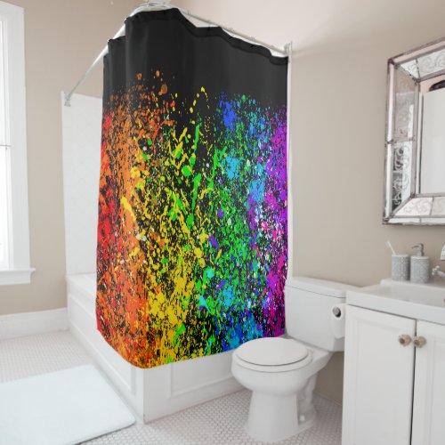 Black Rainbow Color Paint Splatter Colorful Shower Curtain