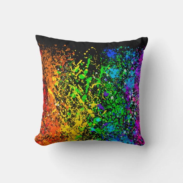 Black Rainbow Color Paint Splatter Colorful Throw Pillow (Front)