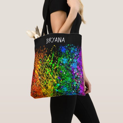 Black Rainbow Color Paint Splatter Colorful Tote Bag