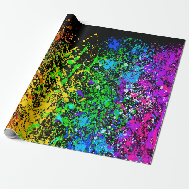 Black Rainbow Color Paint Splatter Colorful Wrapping Paper (Unrolled)