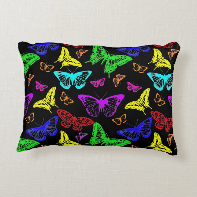 Black & Rainbow Colored Butterflies Flying Accent Pillow (Back)