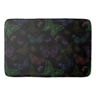 Black & Rainbow Colored Butterflies Flying Bath Mat