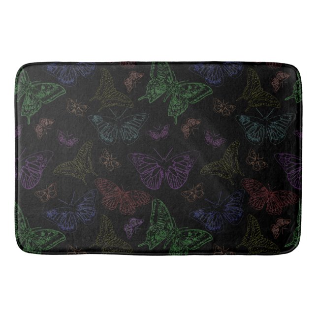 Black & Rainbow Colored Butterflies Flying Bath Mat (Front)