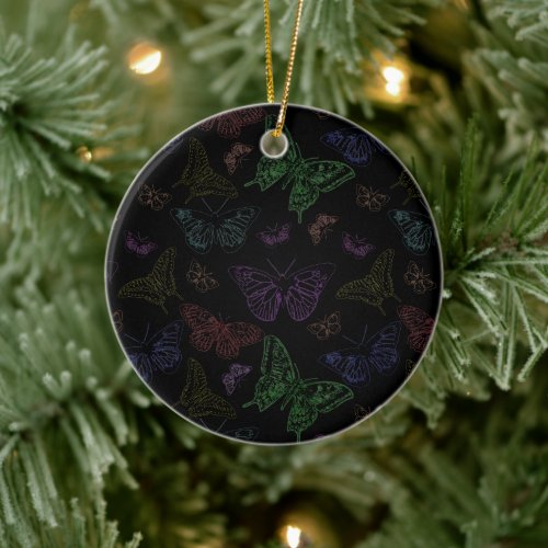 Black &amp; Rainbow Colored Butterflies Flying Ceramic Ornament