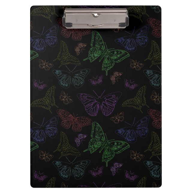Black & Rainbow Colored Butterflies Flying Clipboard (Front)